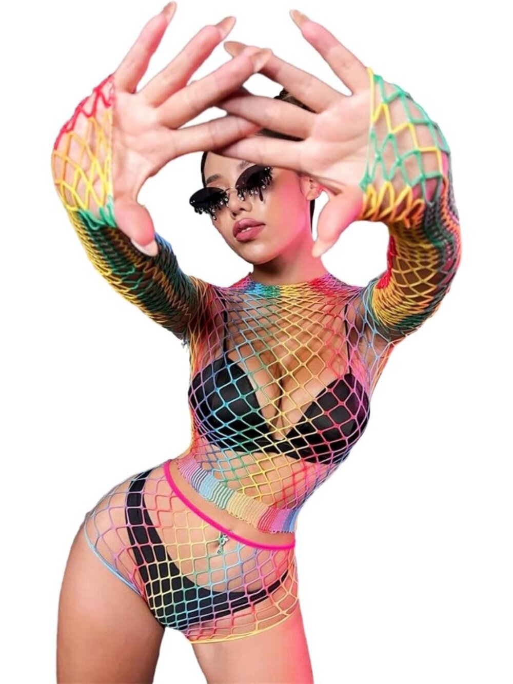 Women's Rainbow Striped Fishnet Mini Dress Bodysuit Imported Babydoll Cosplay